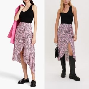 Maje Apollo Pink Paisley Asymmetrical Handkerchief Hem Midi Skirt 42 FR